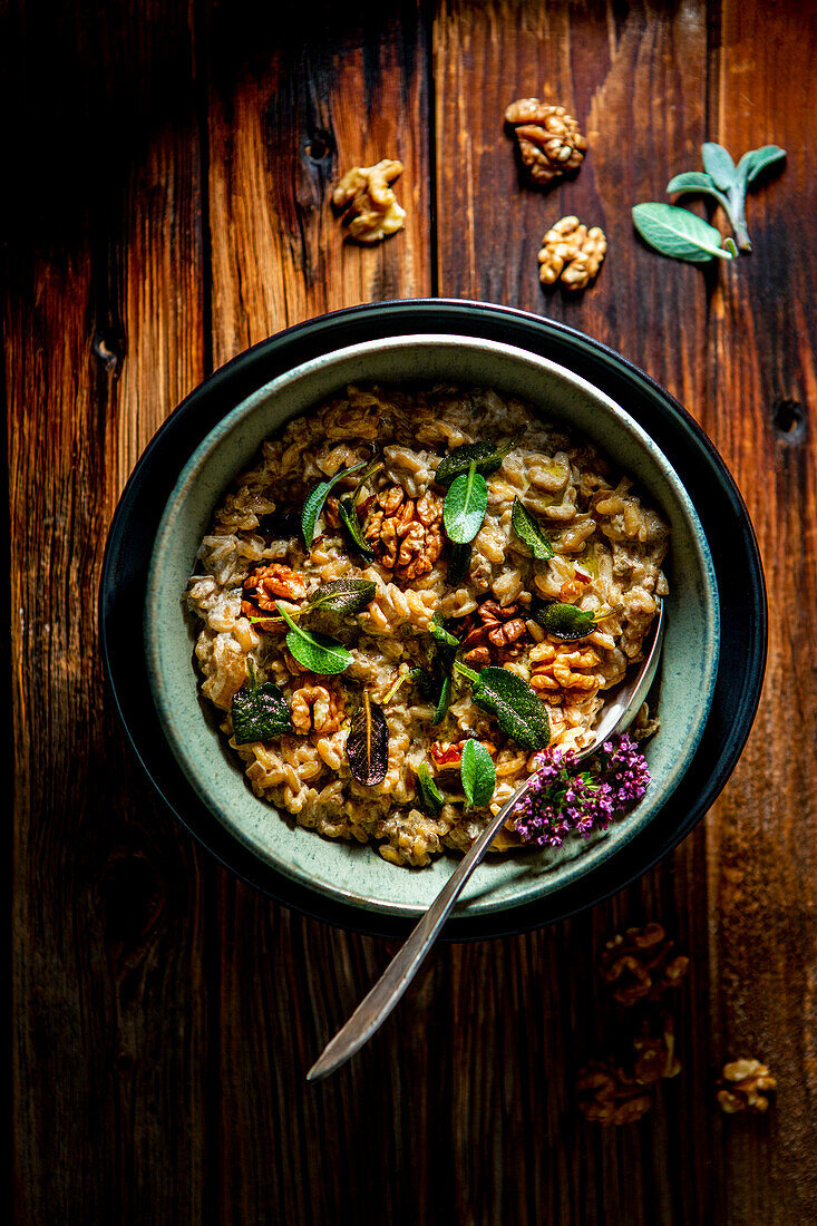 Porcini mushroom risotto with sage and walnuts