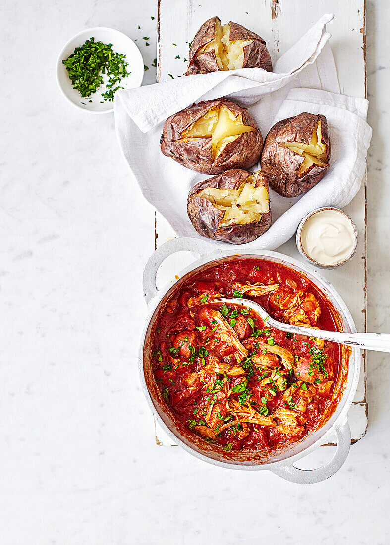 Chicken ragout with chorizo and jacket potatoes