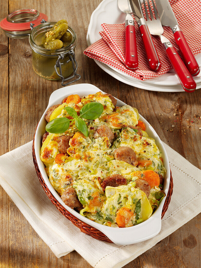 Sausage casserole with potatoes and leek