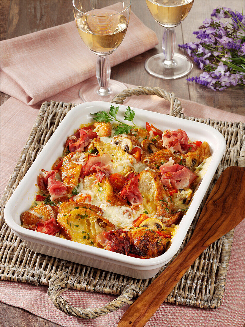 Croissant casserole with ham and mushrooms