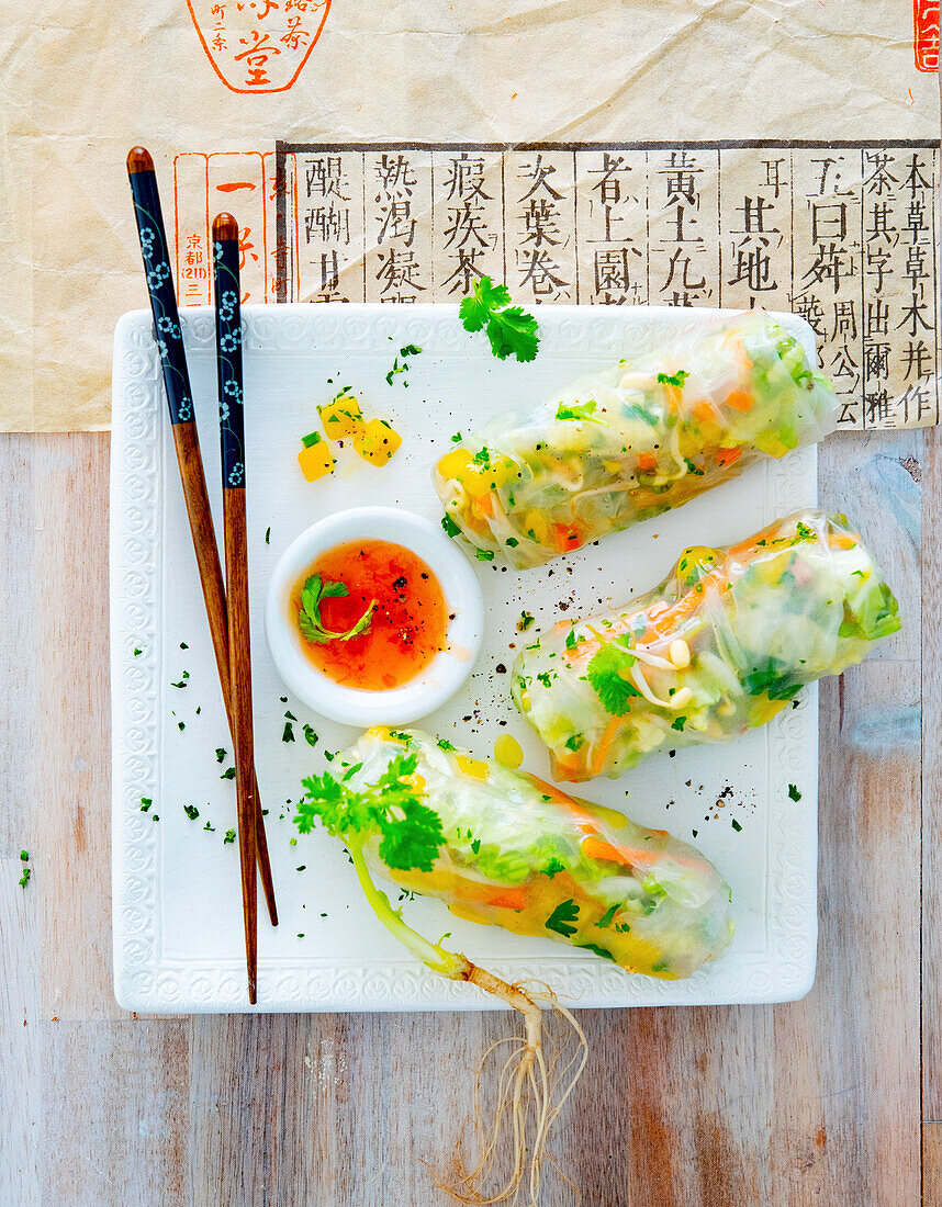 Summer rolls with a vegetable filling and sweet-and-sour sauce
