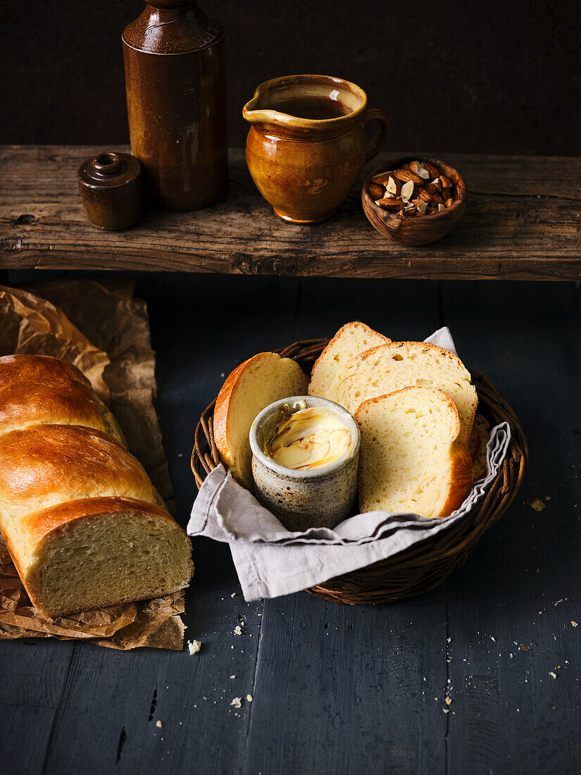 Pilsner beer brioche with malt syrup butter and almonds