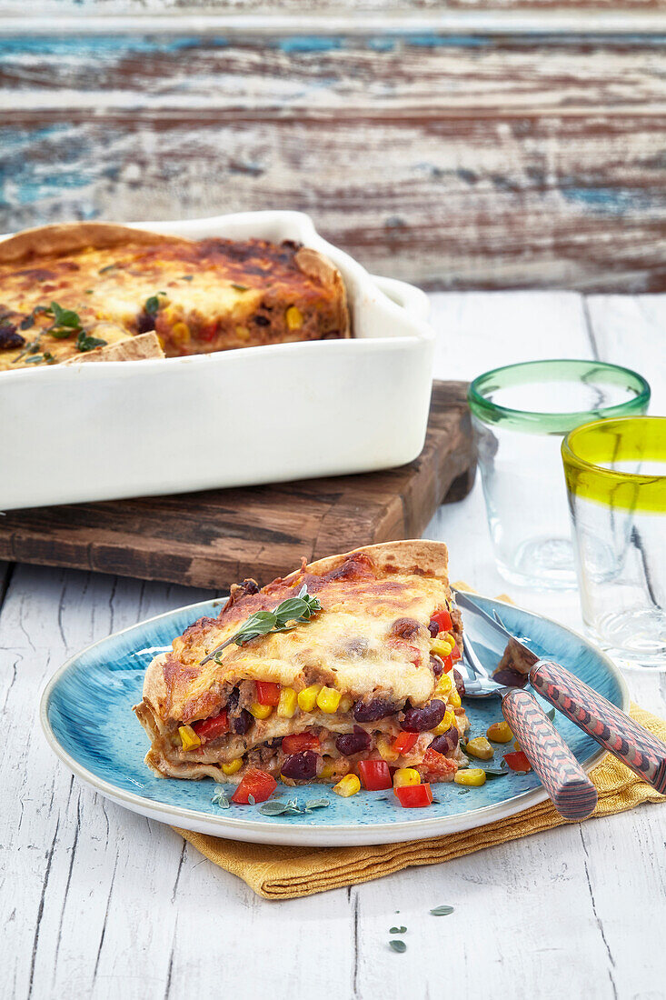 Enchilada lasagne with corn, peppers and kidney beans