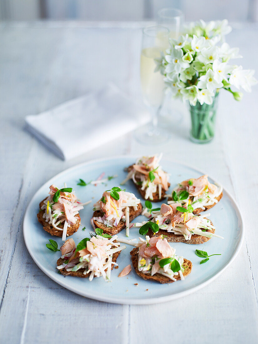 Smoked trout and radish remoulade tartines