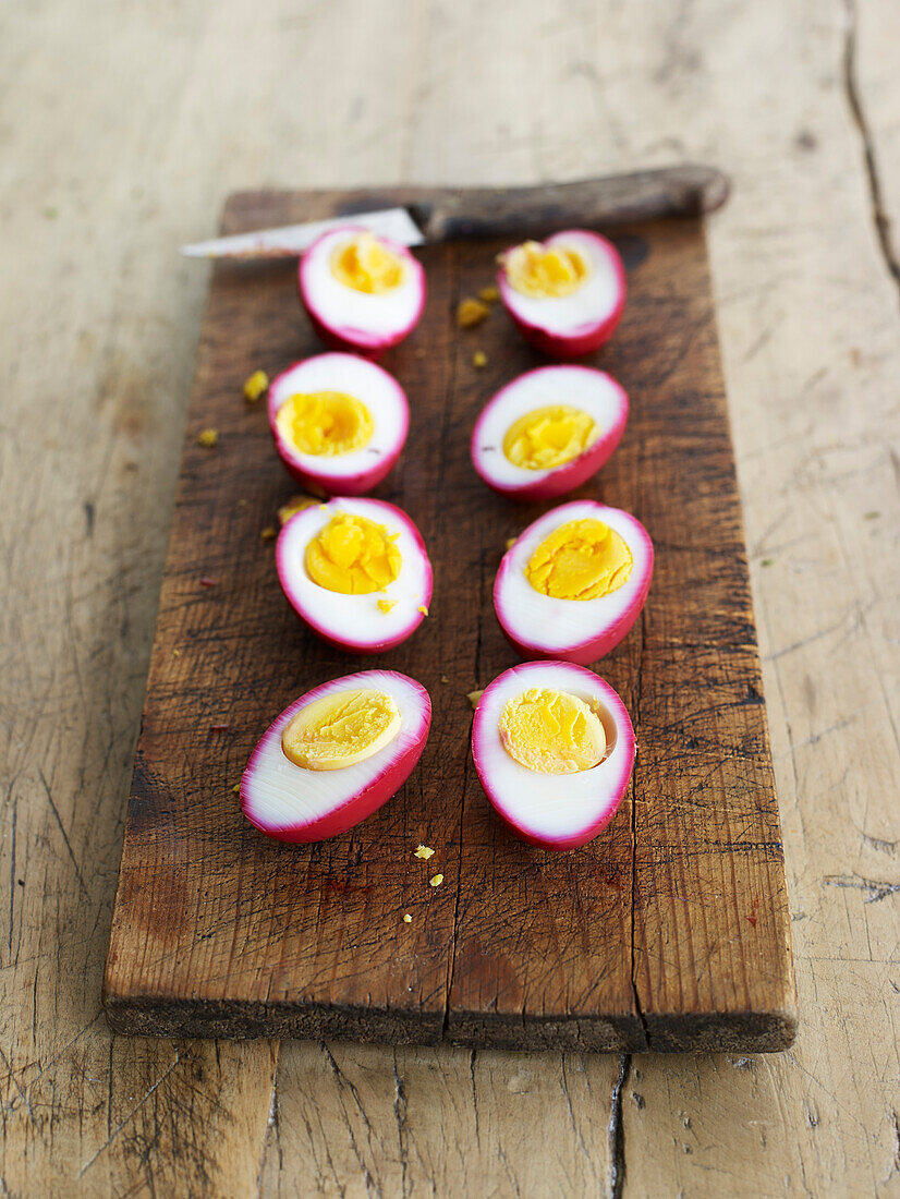 Hard-boiled eggs colored with beet juice
