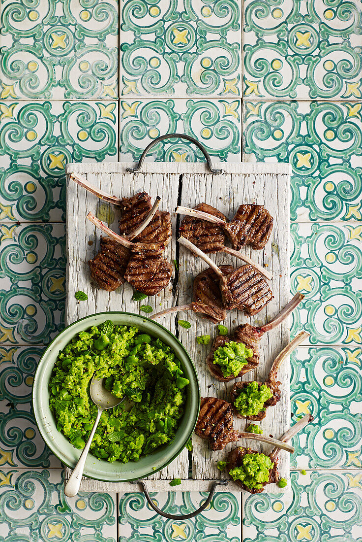 Lamb lollipos with smashed broad beans