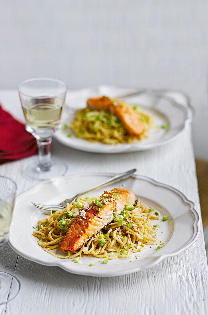 Salmon with sesame, soy and ginger noodles