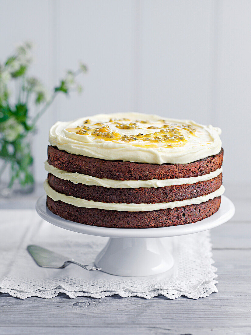Chocolate layer cake with passion fruit icing