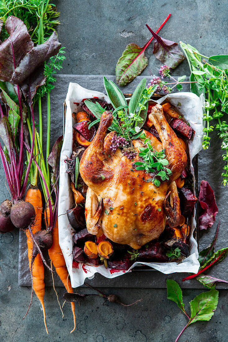 Roasted chicken with beets, carrots, and herbs