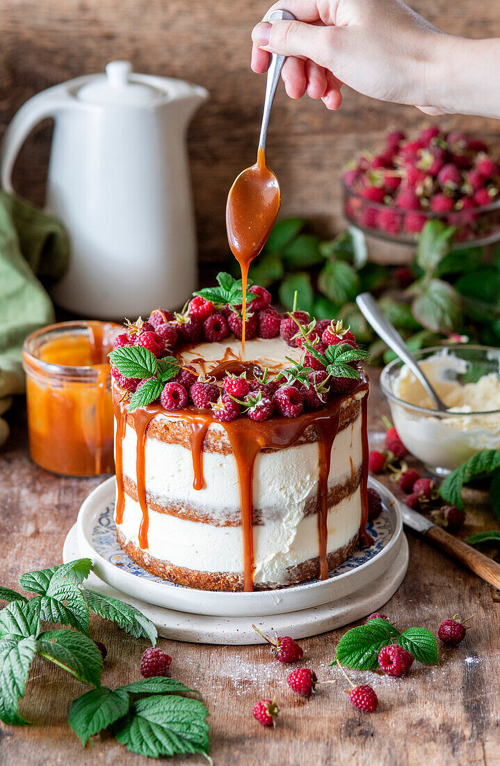 Carrot cream cake with raspberries