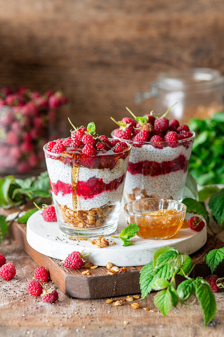 Raspberry chia pudding layer dessert