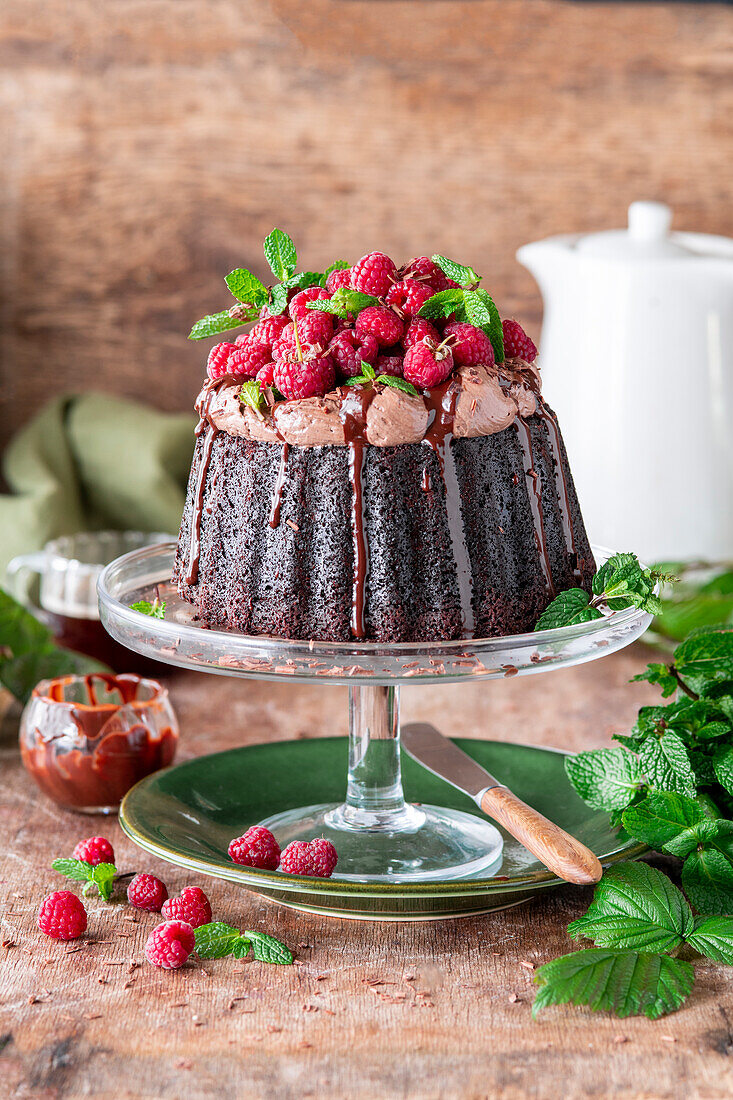 Chocolate cream cake with raspberries