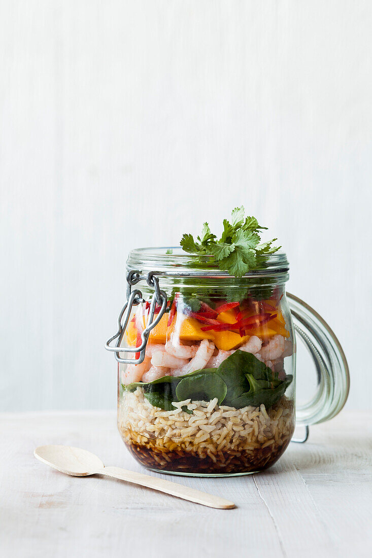 Prawn, rice and mango jar salad