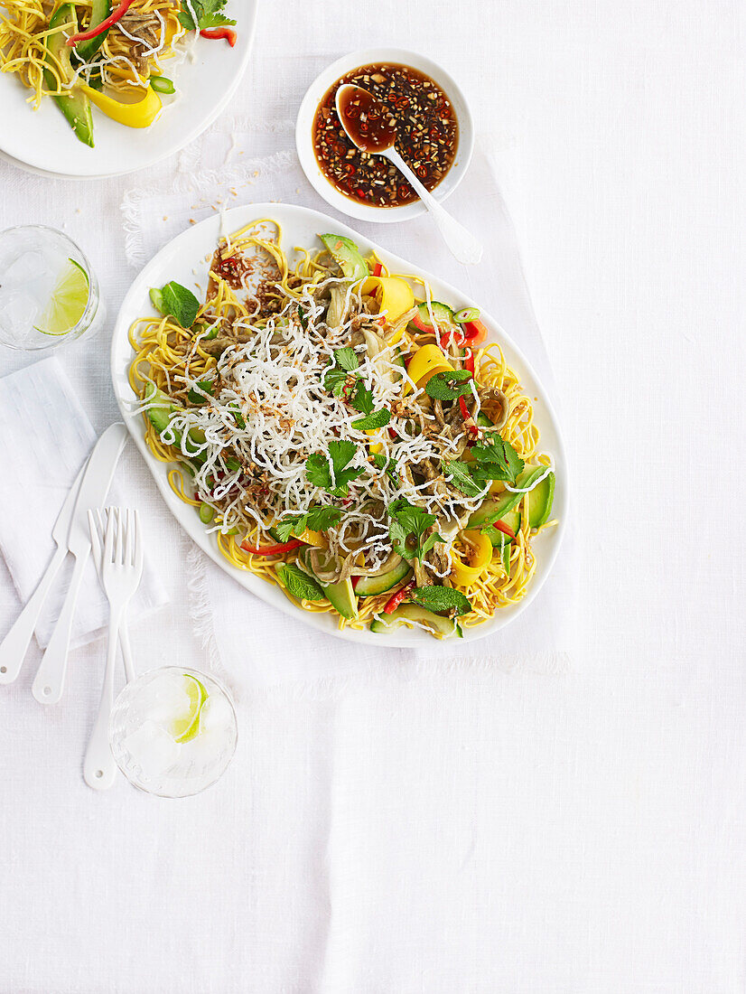 Double Thai noodle salad with smoked aubergine, mango and avocado