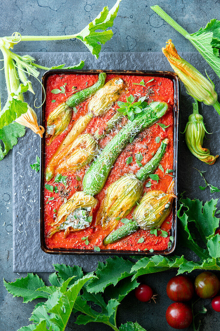 Geröstete Zucchini in Tomatensauce mit Blüten, gefüllt mit Frischkäse und Kräutern