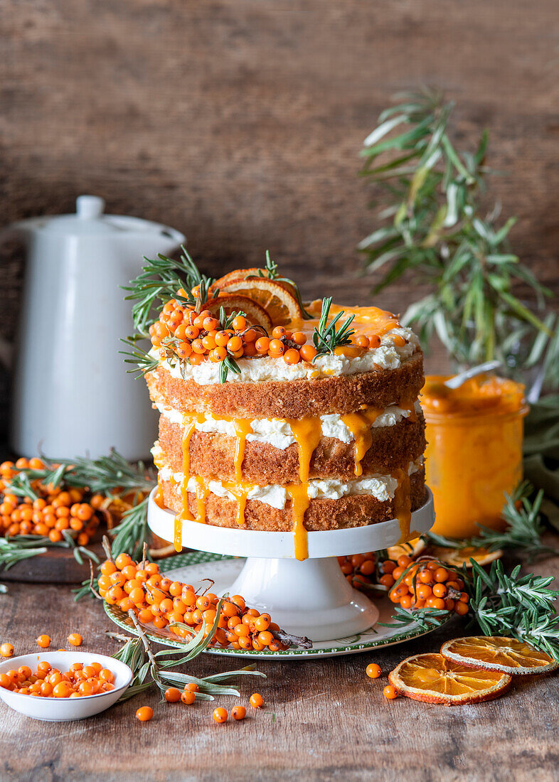 Vanilla butter cream cake with sea buckthorn curd