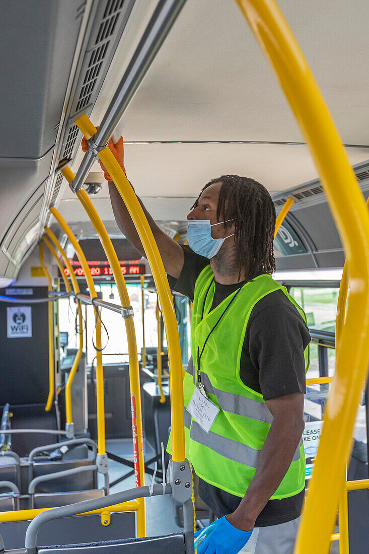 Bus cleaning during coronavirus outbreak, 2020