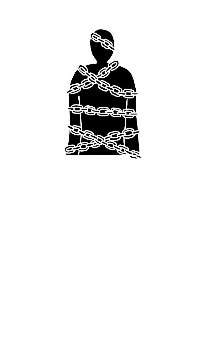 Figure wrapped in metal chains, illustration