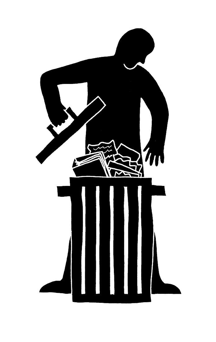 Man looking through rubbish bin, illustration