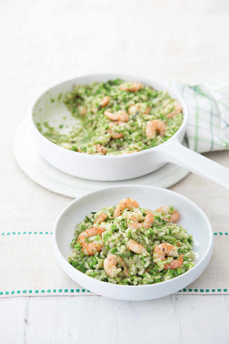 Minted pea risotto with prawns
