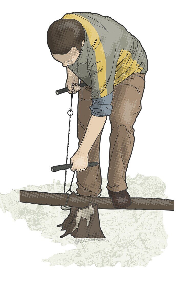 Man using chainsaw, illustration