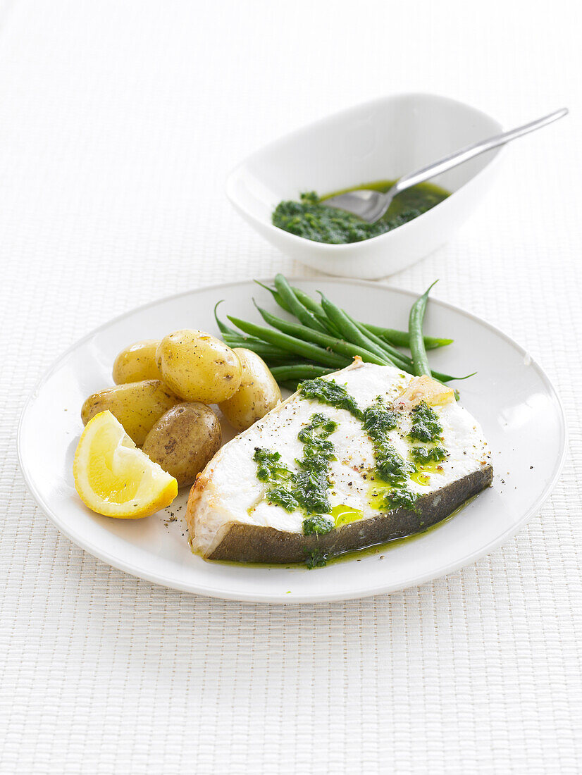 Halibut with green sauce and potatoes