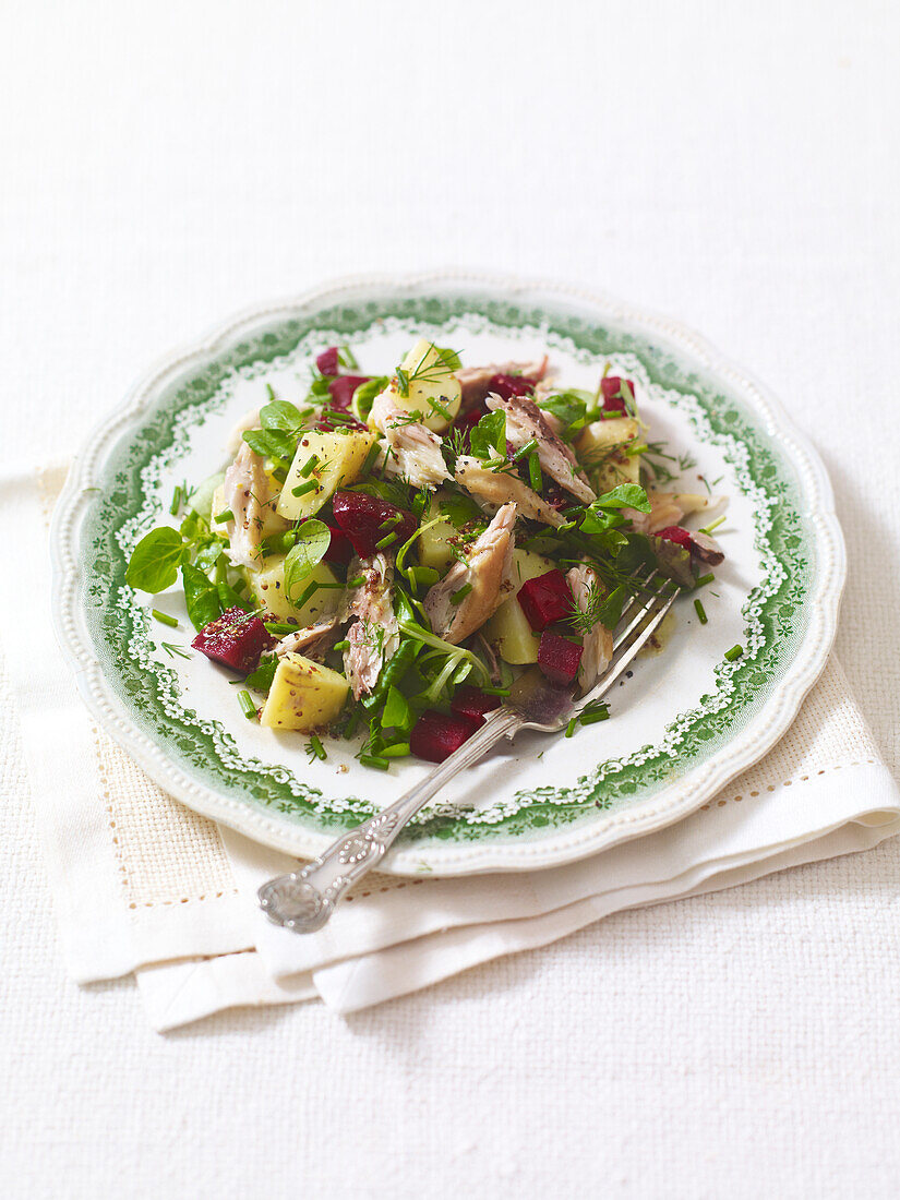 Plate of smoked mackerel salad