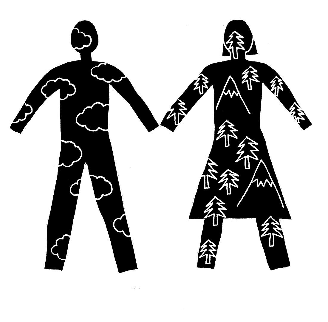 Figures of man and woman holding hands, illustration