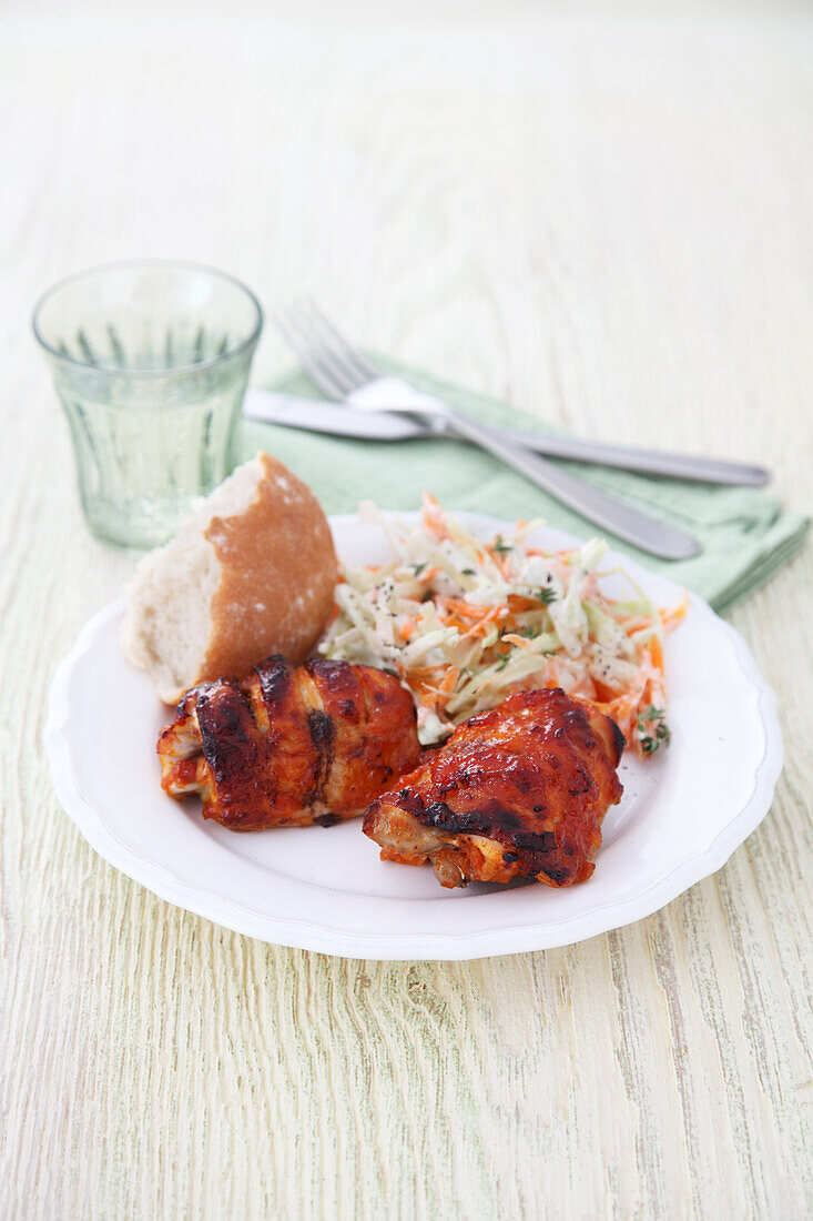 BBQ chicken, coleslaw and bread