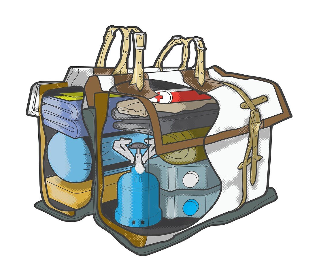 Essential items packed in holdall, illustration