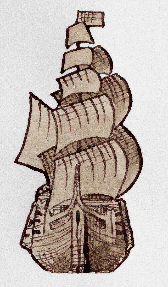 Naval warship with sails up, illustration