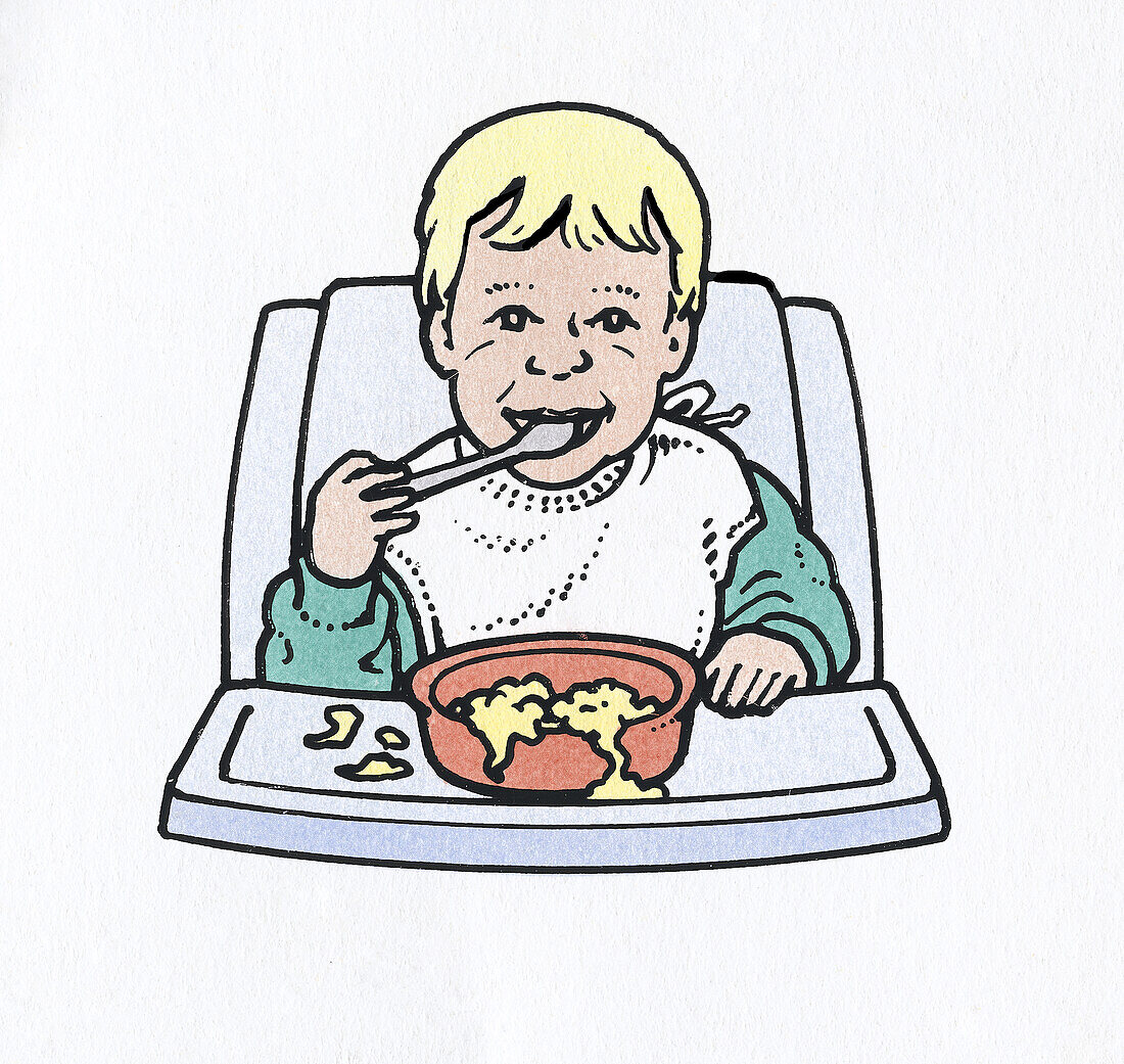 Baby in high chair trying to eat food, illustration