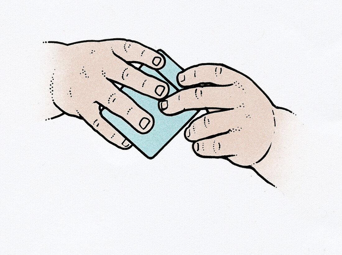 Baby's hands holding blue cube, illustration