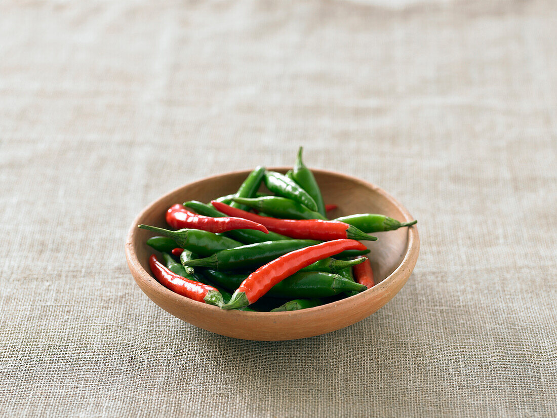 Bowl of red and green chillies