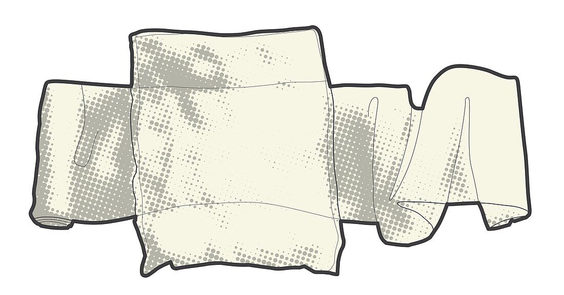 Sterile pad sewn onto bandage, illustration