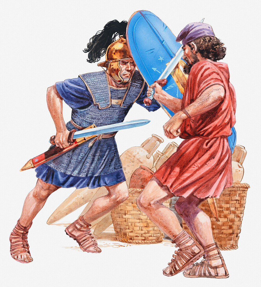 Roman soldier fighting a pirate, illustration