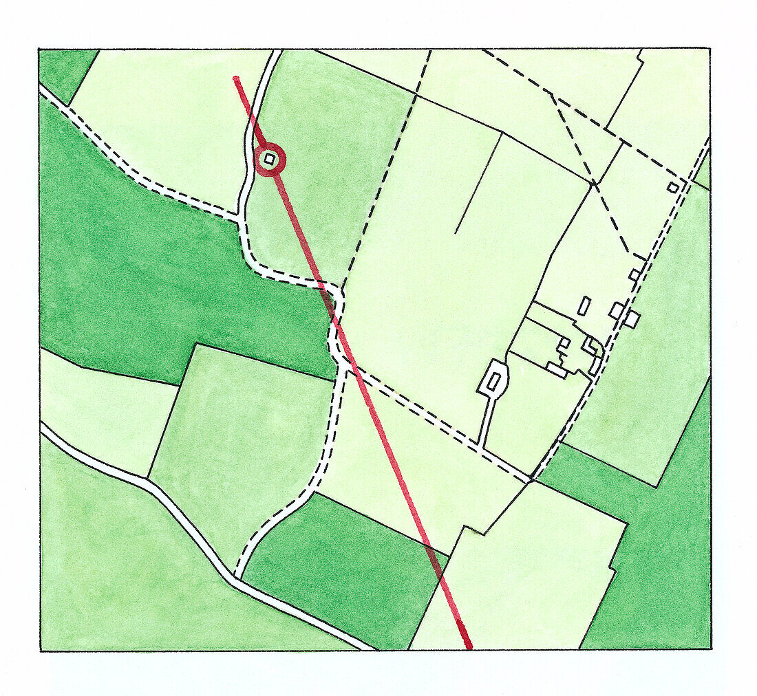 Map of fields with red line illustrating compass bearings