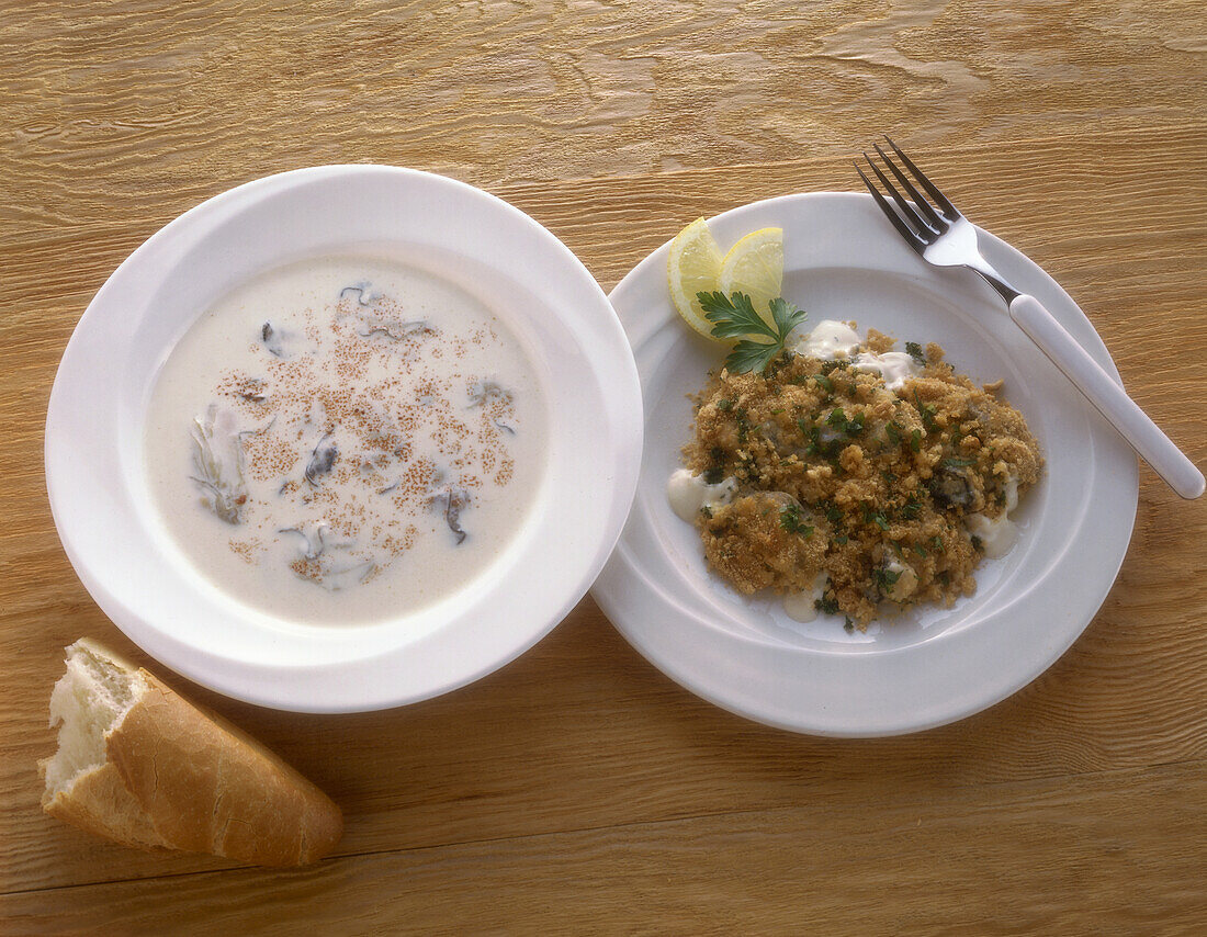 Oyster stew and dish of scalloped oysters