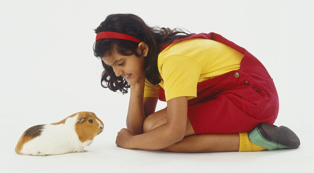 Smiling girl kneeling opposite a white and tan guinea pig