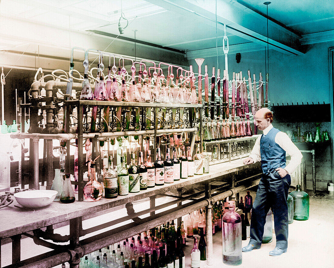 Prohibition chemist tests bootleg whiskey, 1920