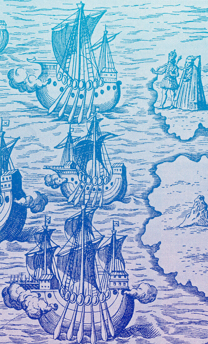 Columbus' caravels depart Spain, 1492