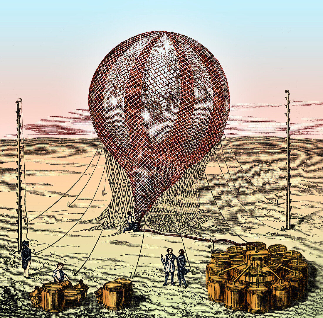 Filling hydrogen balloon, 19th century