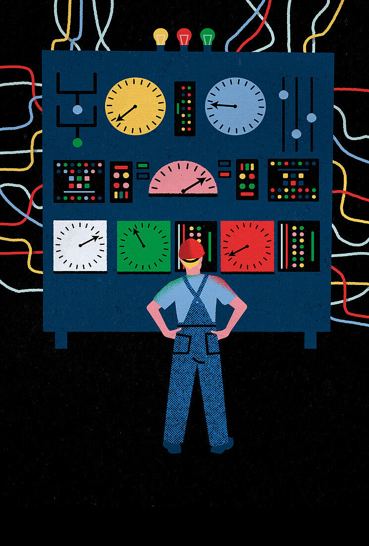 Worker looking at control panel, illustration