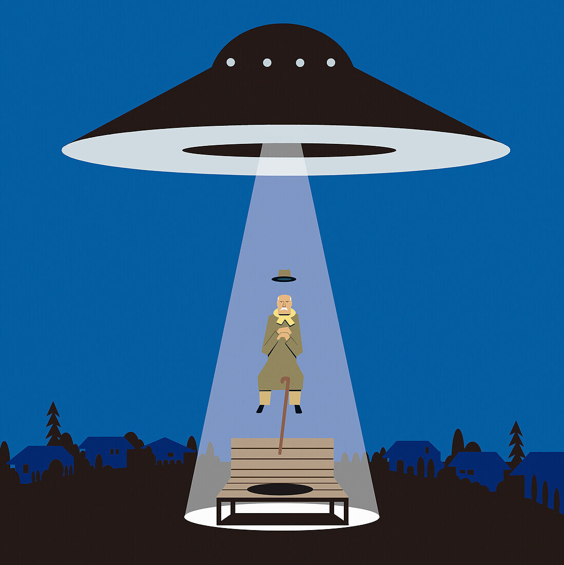 Elderly man being abducted by spaceship, illustration