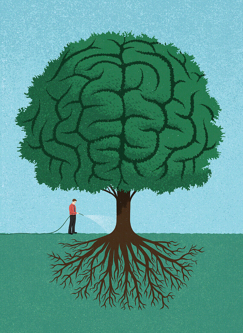 Businessman watering brain tree, illustration