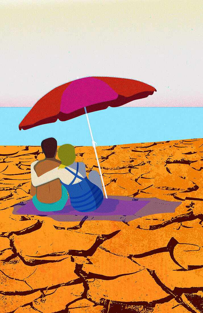 Couple under parasol on dry, cracked beach, illustration