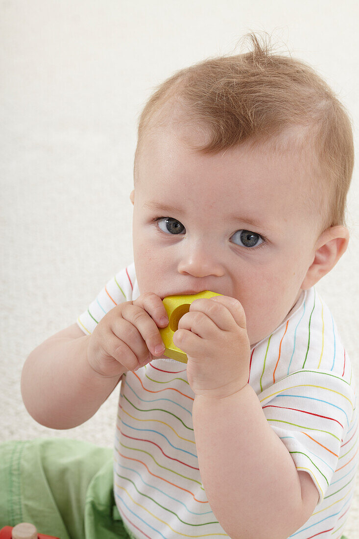 Baby boy putting wooden shape in mouth