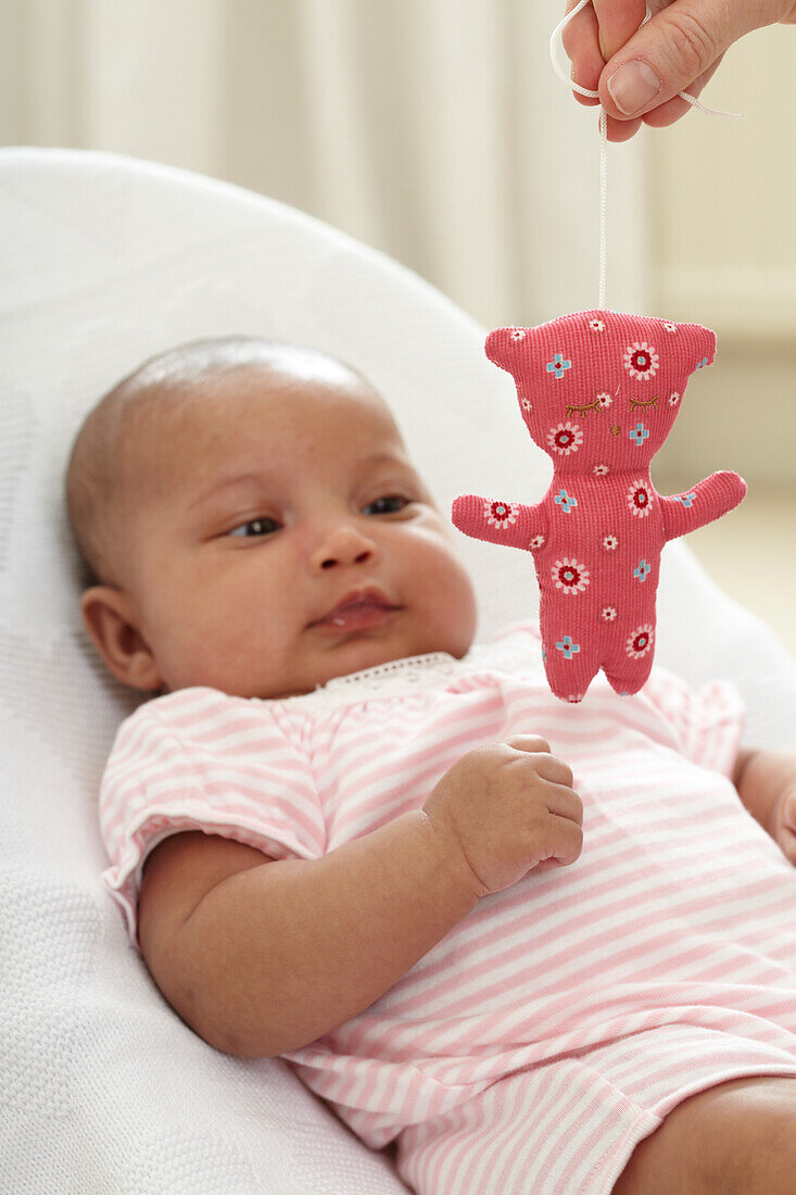 Baby girl looking at small soft toy held in front of her