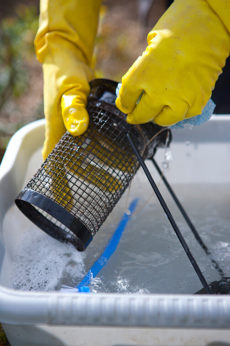 Washing a bird feeder