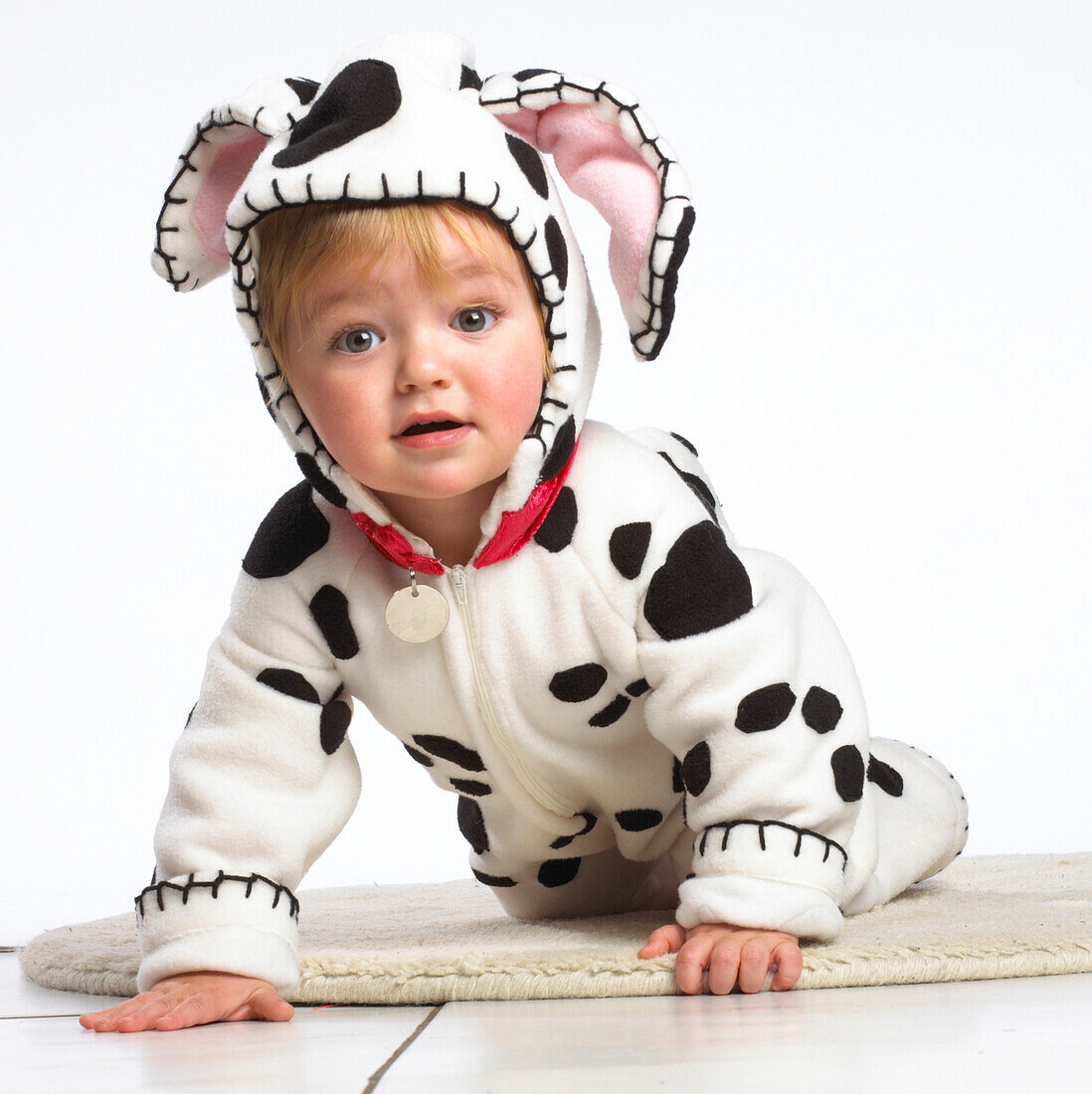 Baby girl wearing dog suit